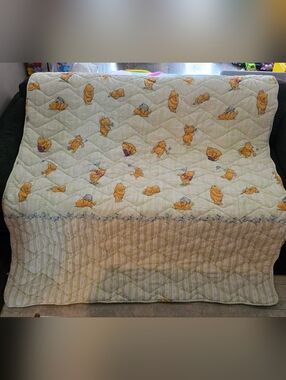 Classic Pooh Disney Baby Quilt Blanket Green Striped Winnie The Pooh 91" X 66"